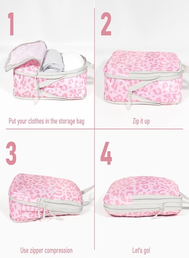 Lemoobolsa 4 Set Compression Packing Cubes For Travel Bags Organizer For Luggage Suitcase Organizer, Compression Bags For Travel Accessories Luggage Storage Set (4 Pcs, Pink Leoparda) - Image 3